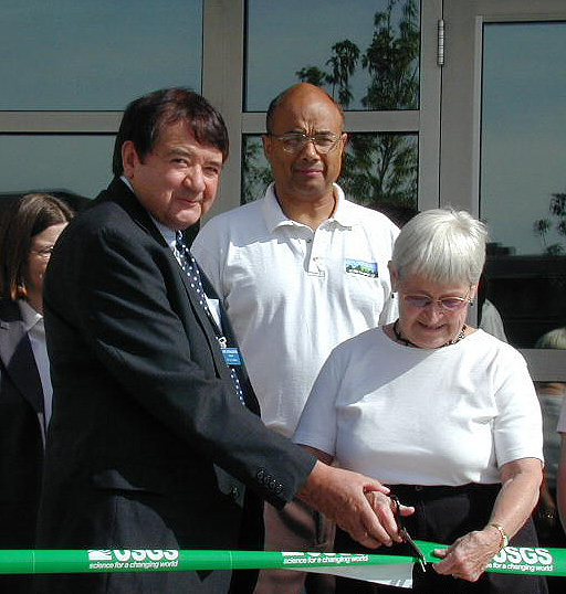 Flagstaff Mayor Joe Donaldson and Carolyn Shoemaker cut the ribbon for the new Shoemaker Center for Astrogeology, July 27, 2002. More photos at  USGS Astrogeology Research Program